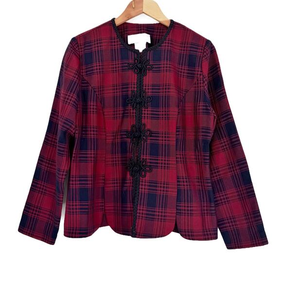 Vintage 90s Jessica Howard Fitted Tartan Plaid Blazer 12 Petite Wine/Navy - Picture 5 of 12